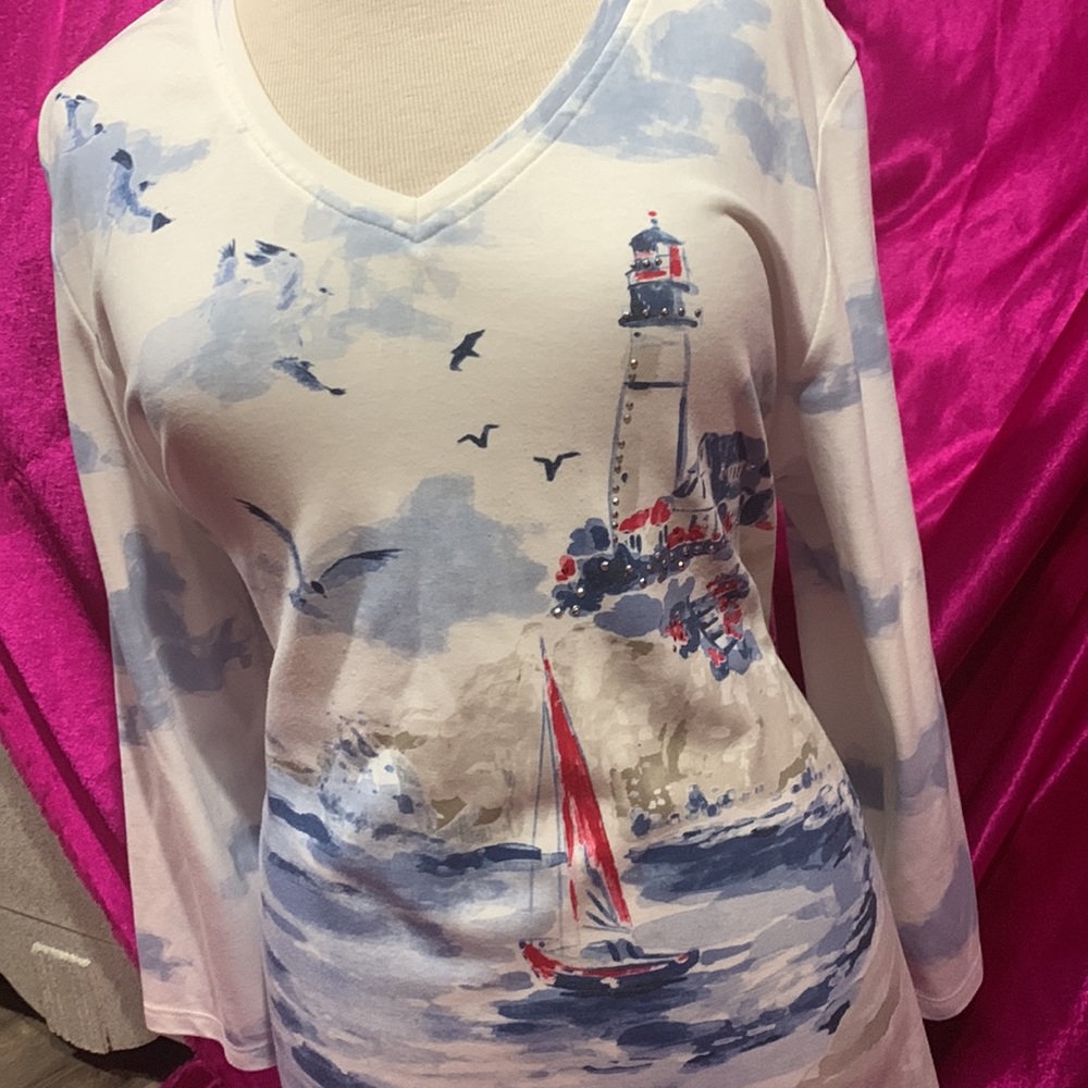 Allison daley nautical 3/4 length top, size XL. Like new. Lighthouse